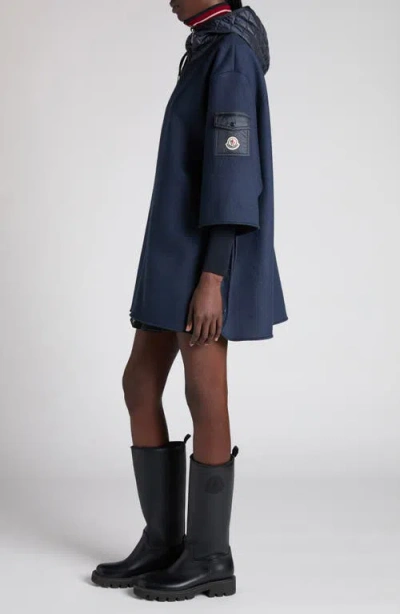 Moncler Hooded Shell And Wool-blend Cape Coat In Blue