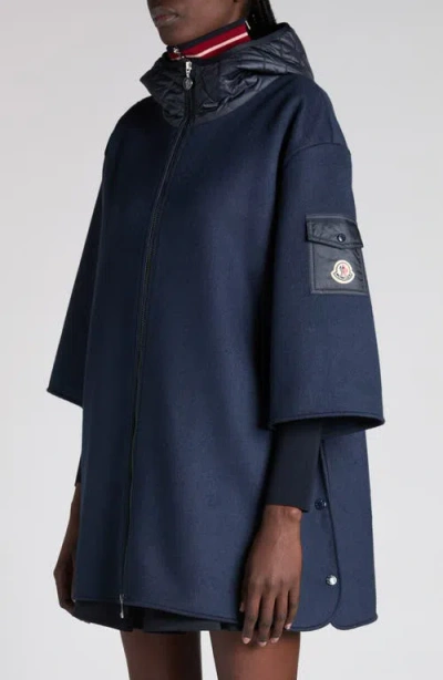 Moncler Hooded Shell And Wool-blend Cape Coat In Blue