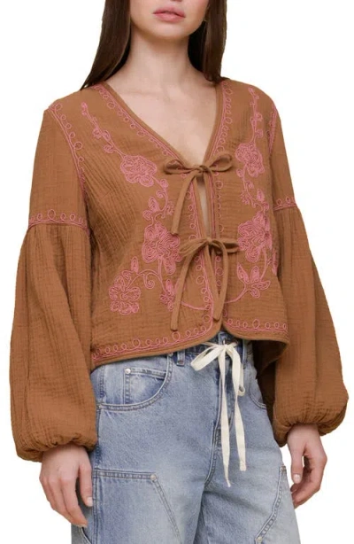 Avec Les Filles Embroidered Blouson Sleeve Jacket In Brown