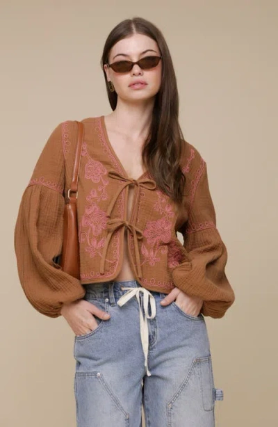 Avec Les Filles Embroidered Blouson Sleeve Jacket In Brown