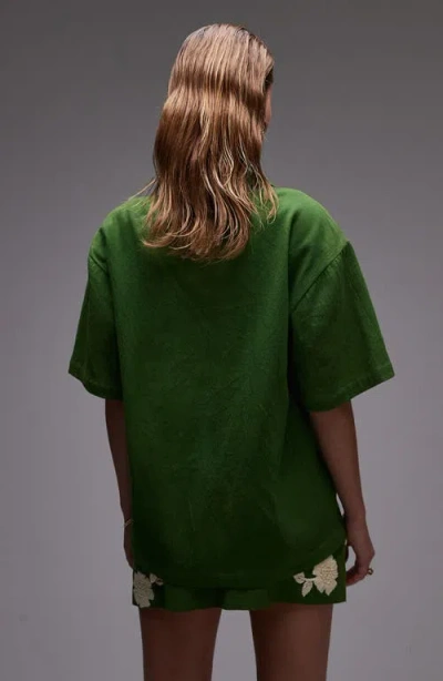 Topshop Raffia Flower Button-up Resort Shirt In Green