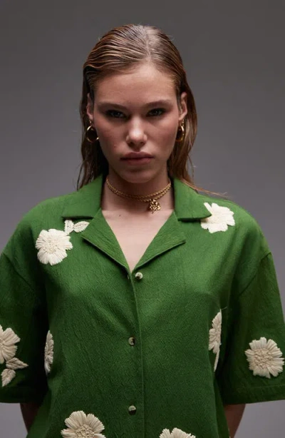 Topshop Raffia Flower Button-up Resort Shirt In Green
