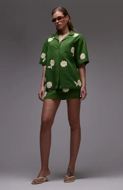 Topshop Raffia Flower Button-up Resort Shirt In Green