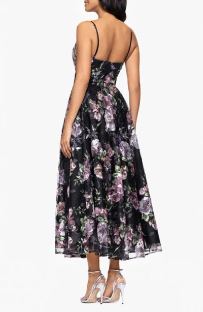 Betsy & Adam Print Embroidered Sleeveless Gown In Black