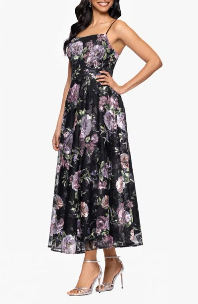 Betsy & Adam Print Embroidered Sleeveless Gown In Black