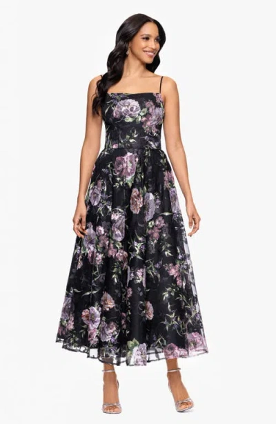 Betsy & Adam Print Embroidered Sleeveless Gown In Black