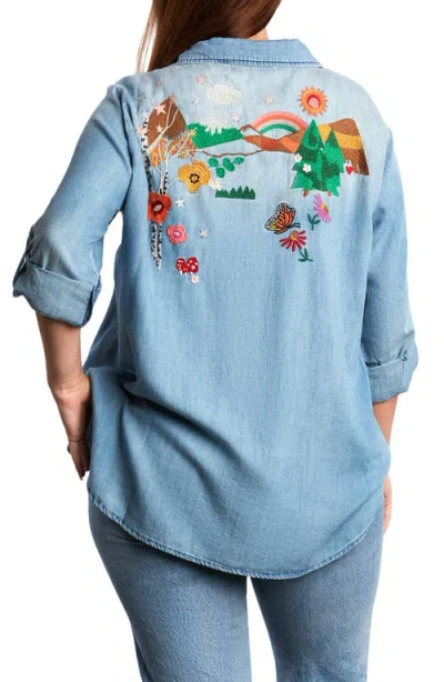 Billy T Happy Place Embroidered Denim Shirt In Blue