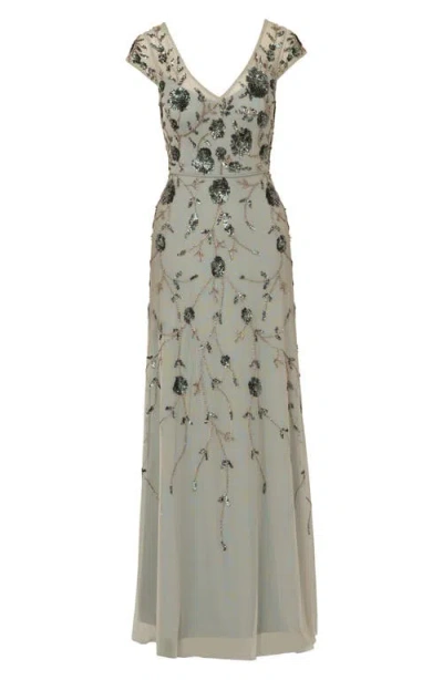 Adrianna Papell Embroidered Beaded Trumpet Gown In Green