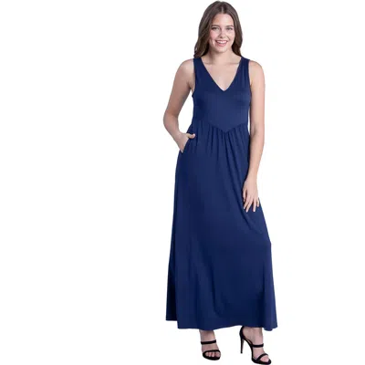 24seven Comfort Apparel Sleeveless V-neck Maxi Dress With Pocket Detail In Blue