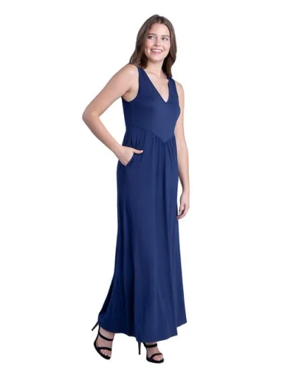 24seven Comfort Apparel Sleeveless V-neck Maxi Dress With Pocket Detail In Blue