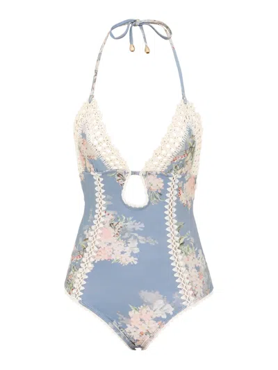 Zimmermann Cascadian Keyhole Crochet One Piece Tea Blue Botanical Floral