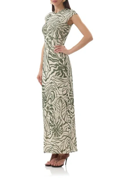 Afrm Cody Print Cap Sleeve Mesh Maxi Dress In Green