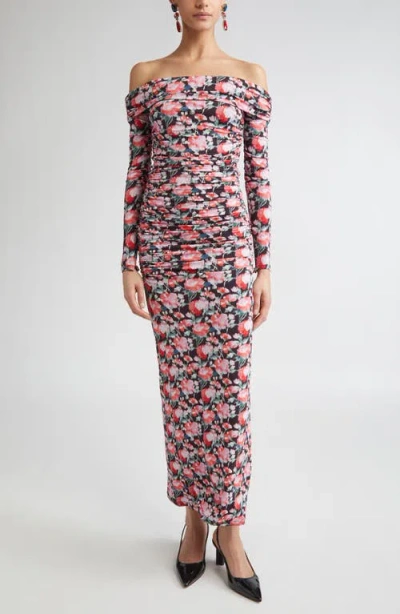 Carolina Herrera Peony Print Ruched Long Sleeve Off The Shoulder Jersey Dress In Multi