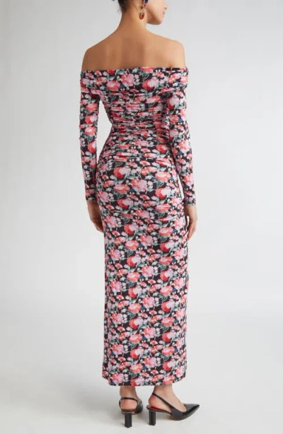 Carolina Herrera Peony Print Ruched Long Sleeve Off The Shoulder Jersey Dress In Multi