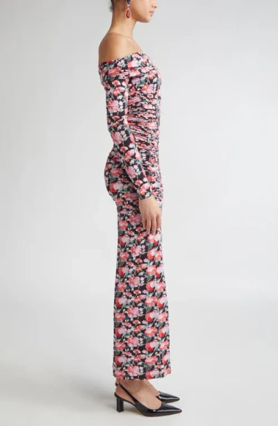 Carolina Herrera Peony Print Ruched Long Sleeve Off The Shoulder Jersey Dress In Multi