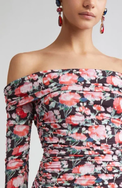Carolina Herrera Peony Print Ruched Long Sleeve Off The Shoulder Jersey Dress In Multi