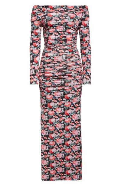Carolina Herrera Peony Print Ruched Long Sleeve Off The Shoulder Jersey Dress In Multi