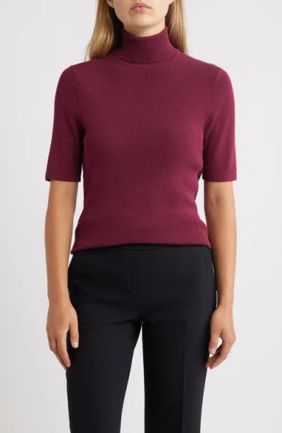 Anne Klein Turtleneck Short Sleeve Rib Sweater In Burgundy