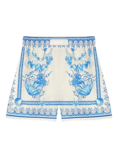 Versace Underwater Barocco Bicolor Foulard Cotton Poplin Pull-on Shorts In Blue