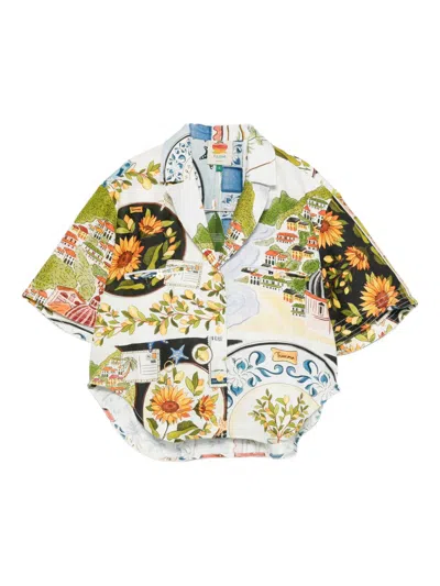 Farm Rio Latin Trip Scarves Crop Linen Button-up Shirt In Multi