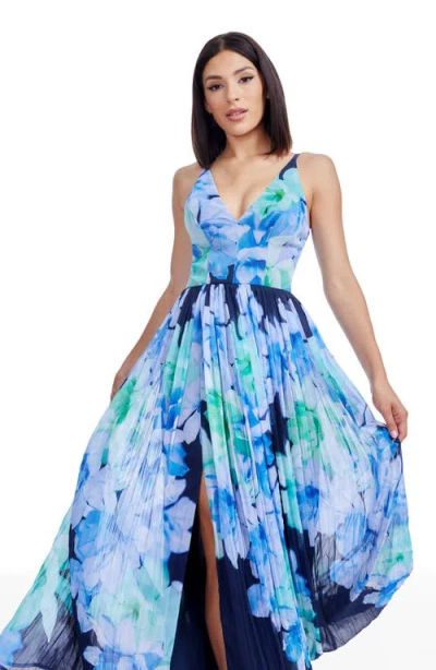 Dress The Population Alyssa Floral Gown In Blue