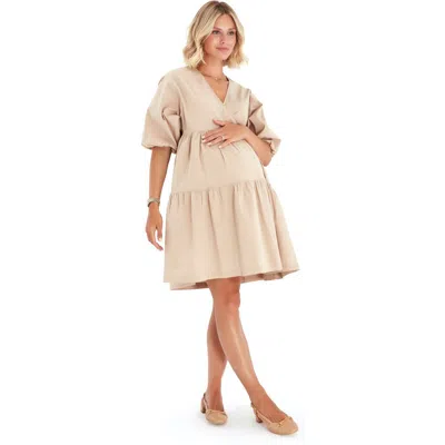 Accouchée Tie Waist A-line Maternity/nursing Wrap Dress In Neutral