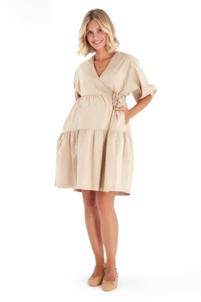 Accouchée Tie Waist A-line Maternity/nursing Wrap Dress In Neutral
