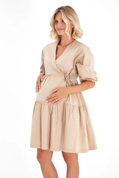 Accouchée Tie Waist A-line Maternity/nursing Wrap Dress In Neutral