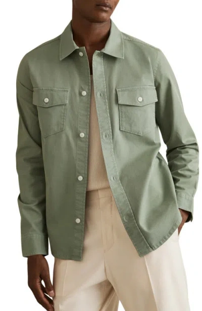 Reiss Sage Green Cotton Twill Twin Pocket Overshirt With Stretch In Green