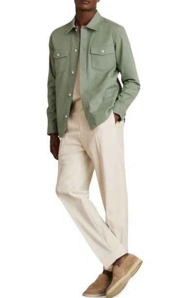 Reiss Sage Green Cotton Twill Twin Pocket Overshirt With Stretch In Green