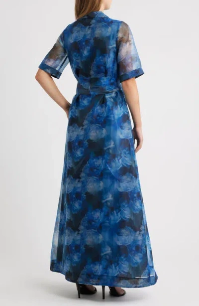 Julia Jordan Tie Belt Organza Maxi Cocktail Shirtdress In Blue