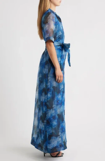 Julia Jordan Tie Belt Organza Maxi Cocktail Shirtdress In Blue