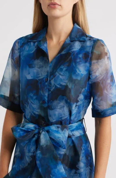 Julia Jordan Tie Belt Organza Maxi Cocktail Shirtdress In Blue