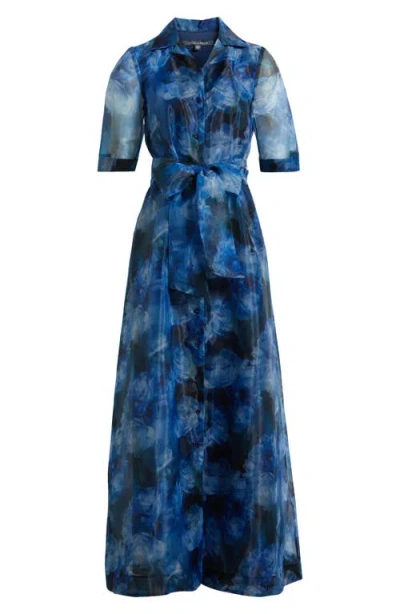 Julia Jordan Tie Belt Organza Maxi Cocktail Shirtdress In Blue