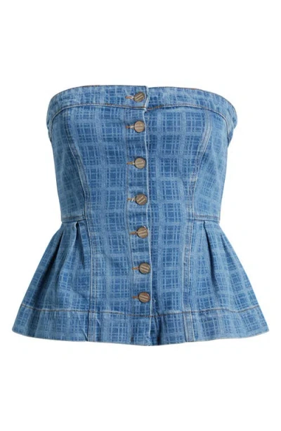 Damson Madder Elosie Strapless Peplum Denim Top In Blue
