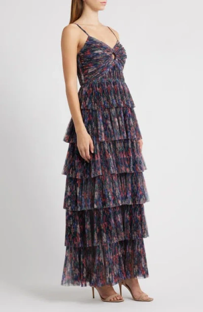 Hutch Floral Gathered Tiered Evening Gown In Multi