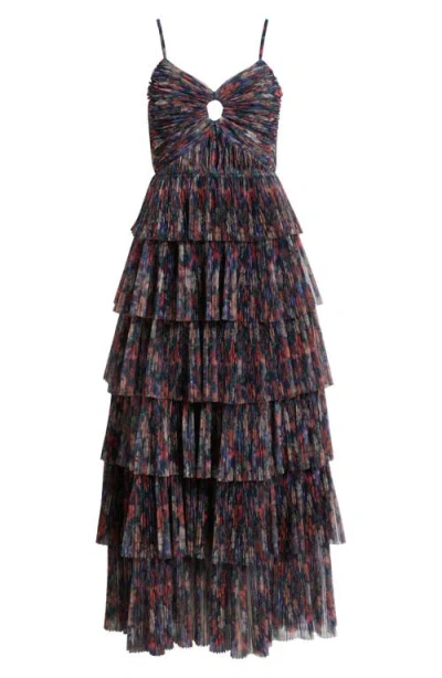 Hutch Floral Gathered Tiered Evening Gown In Multi