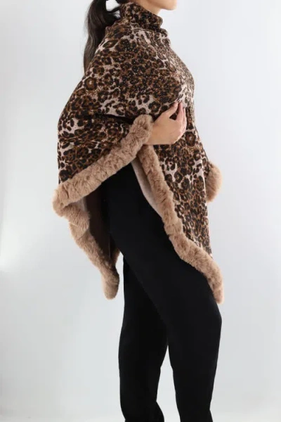 La Fiorentina Animal Print Poncho With Stones/faux Fur