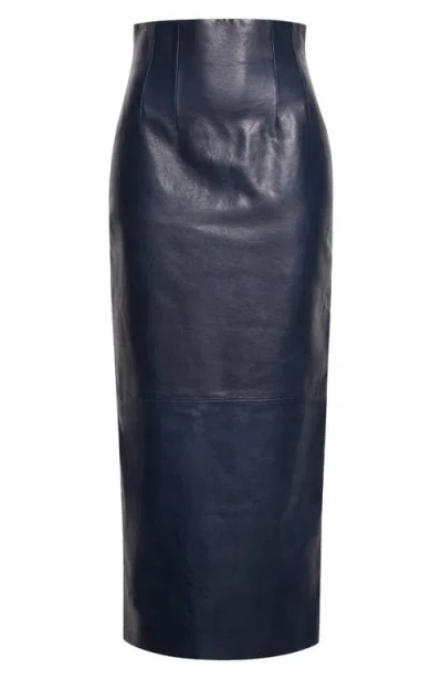 Khaite Loxley Leather Pencil Maxi Skirt In Blue