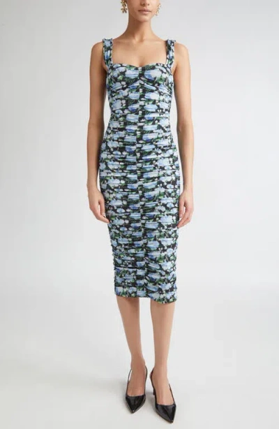 Carolina Herrera Peony Print Ruched Stretch Jersey Midi Dress In Blue