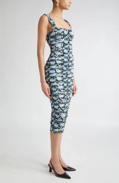 Carolina Herrera Peony Print Ruched Stretch Jersey Midi Dress In Blue
