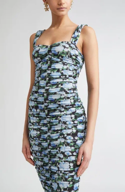 Carolina Herrera Peony Print Ruched Stretch Jersey Midi Dress In Blue