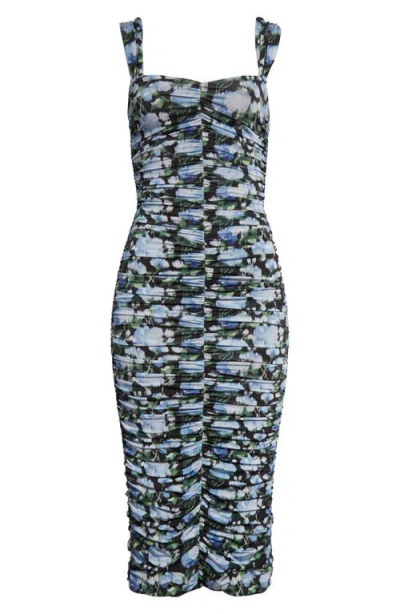 Carolina Herrera Peony Print Ruched Stretch Jersey Midi Dress In Blue