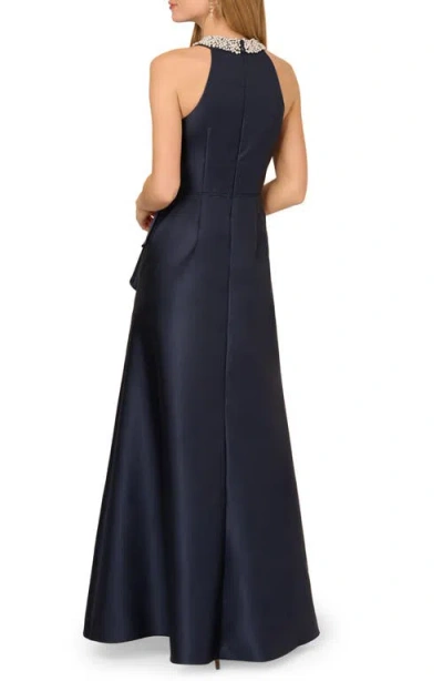 Adrianna Papell Embellished Neck Mikado Gown In Blue