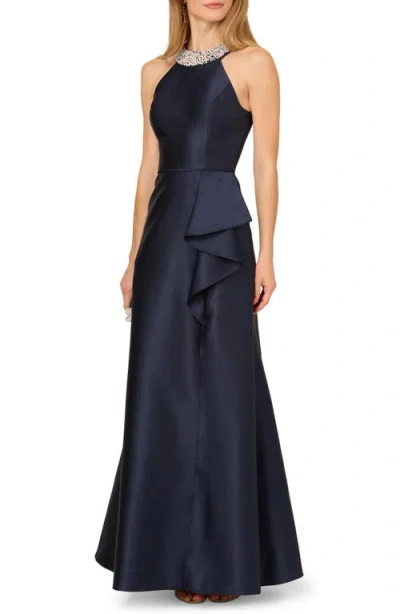 Adrianna Papell Embellished Neck Mikado Gown In Blue