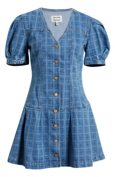 Damson Madder Adeline Grid Puff Sleeve Denim Minidress In Blue