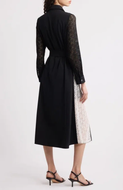 Misook Tie Waist Long Sleeve Lace Midi Dress In Black