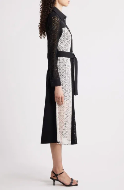Misook Tie Waist Long Sleeve Lace Midi Dress In Black