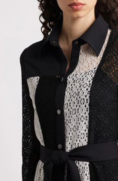 Misook Tie Waist Long Sleeve Lace Midi Dress In Black