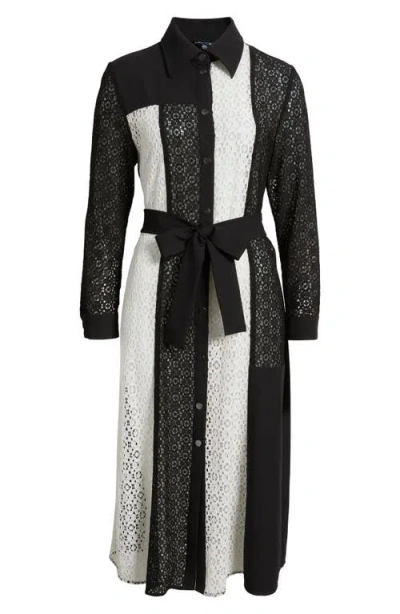 Misook Tie Waist Long Sleeve Lace Midi Dress In Black
